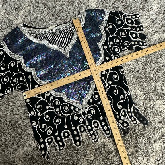 Vintage 80s Frank Usher Black Silk Heavily Sequin Beaded Blouse Evening Top M - Picture 10 of 10